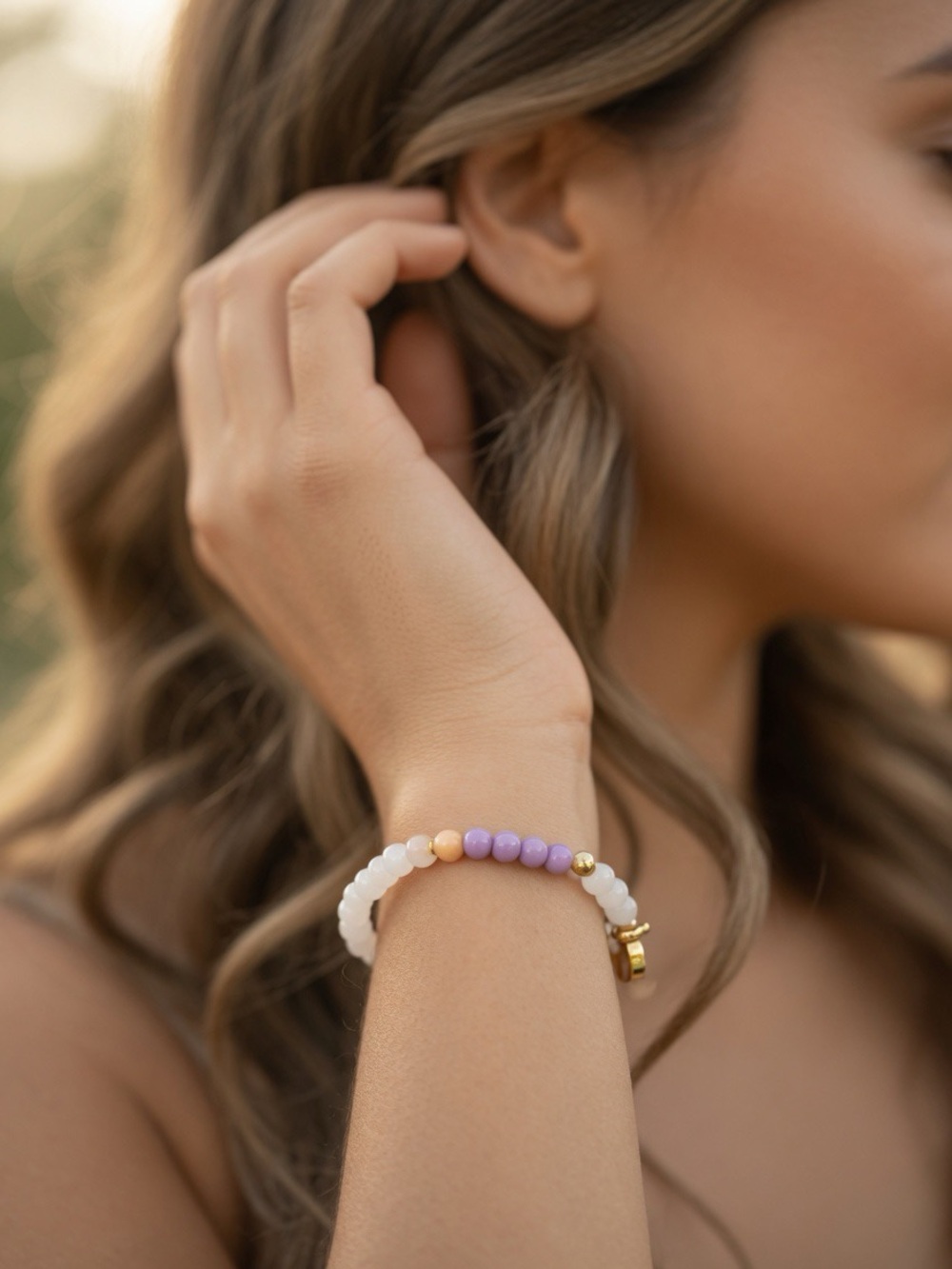 Delicate Lavender & White Beaded Bracelet with Gold Accents